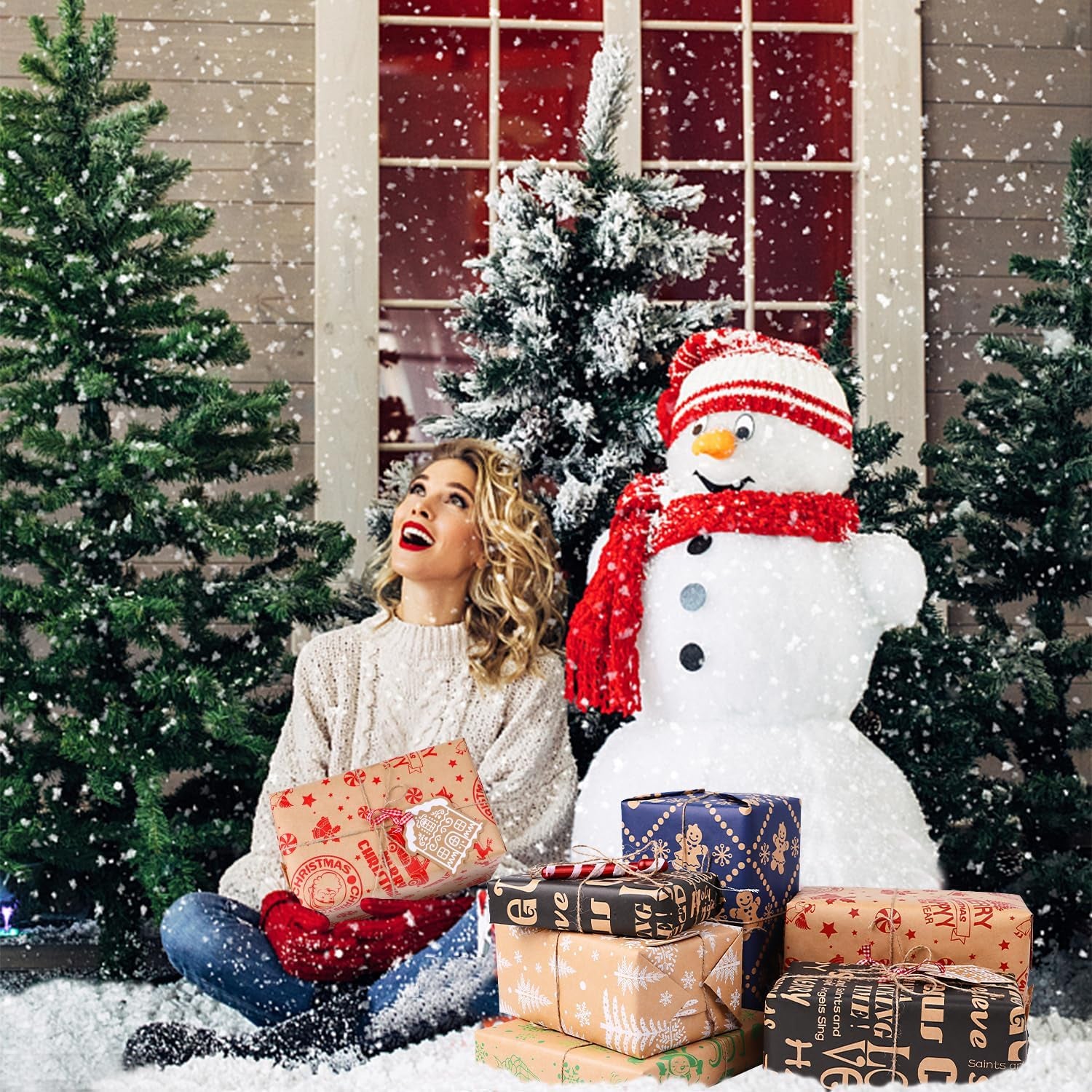 Christmas Wrapping Paper - Kraft Paper - 5 X 3M Xmas Wrapping Paper Rolls for Gifts Boxes Festival Winter Decorations - 43.2 Wide