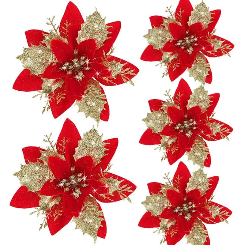 5/10Pcs 14.5Cm Christmas Flower Ornaments,Pink,Red,Gold,Glitter Artifical Flowers for Christmas Tree,Xmas Decoration for Home