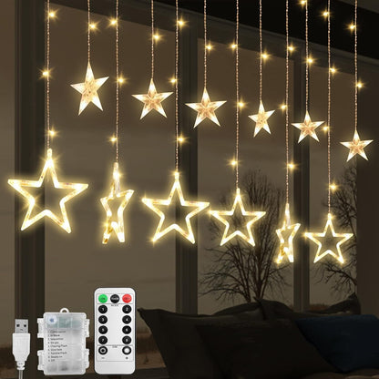Christmas LED Stars Curtain Lights,12 Stars 138 Window Curtain String Lights with 8 Flashing Modes Decoration for Wedding, Party,Wall, Home Decorations,Usb/Battery Powered (Warm White)