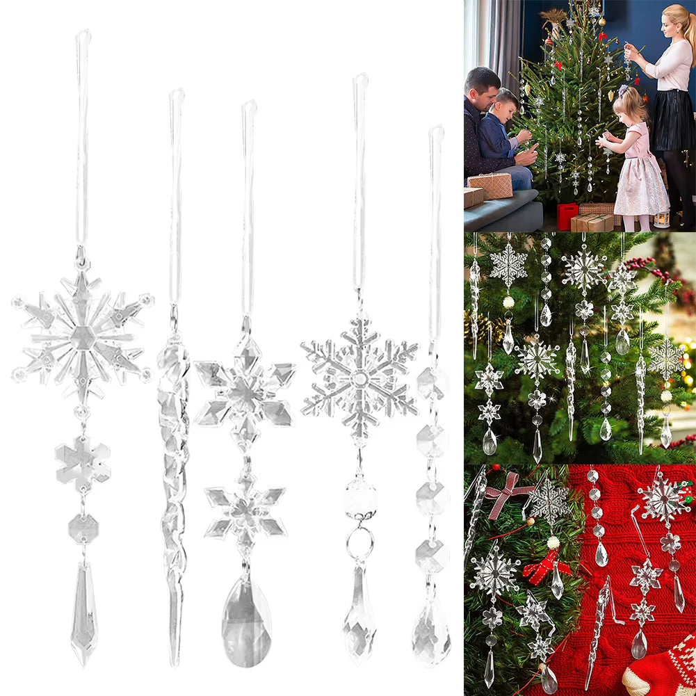 10Pcs Crystal Christmas Tree Ornaments Acrylic Snowflake Icicle Drop Crystal Hangings Transparent Decorative Party Supplies