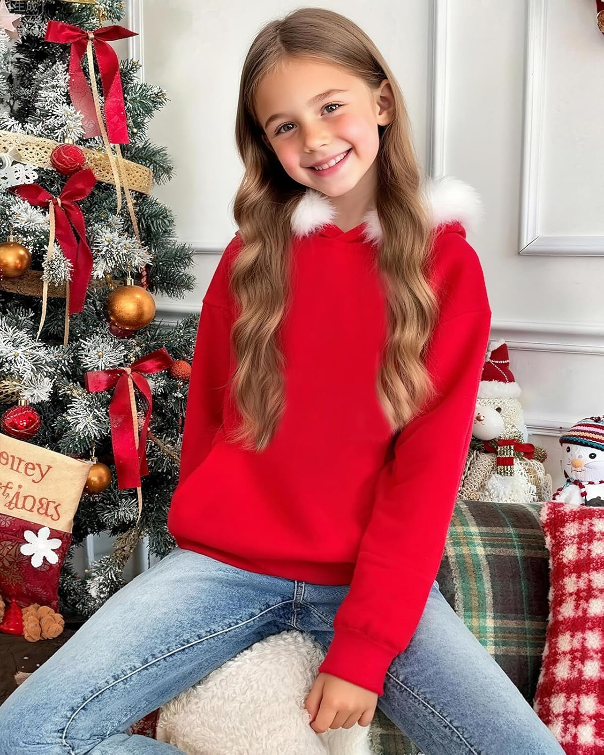 Kids Christmas Hoodie for Girls Red Hooded Sweatshirt Xmas Pullover Long Sleeve Solid Top Teen Clothes