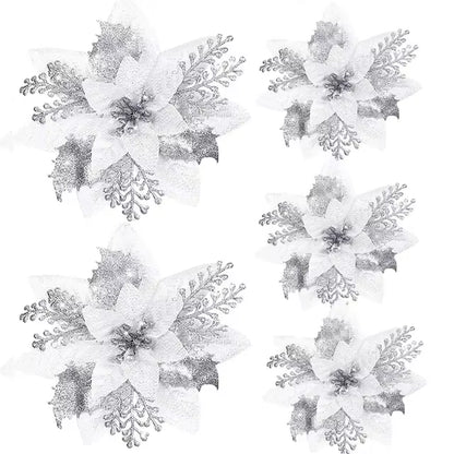 5/10Pcs 14.5Cm Christmas Flower Ornaments,Pink,Red,Gold,Glitter Artifical Flowers for Christmas Tree,Xmas Decoration for Home