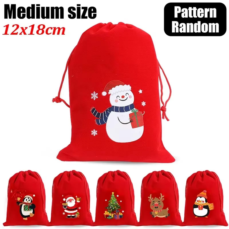 20/1Pcs Red Christmas Velvet Bags Drawstring Santa Gift Pouch Candy Snack Wrapping Bag Christmas Wedding Party Favors Decoration