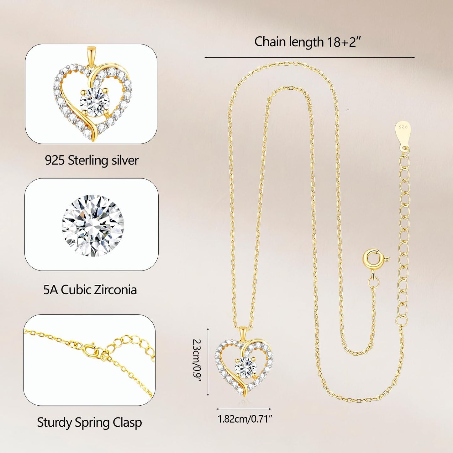 Necklaces for Women Gold Heart Necklace 925 Sterling Silver Birthstone Necklace, 14K Gold Jewellery Gifts for Women Her Girlfriend Wife Christmas Anniversary Birthday Mothers Day