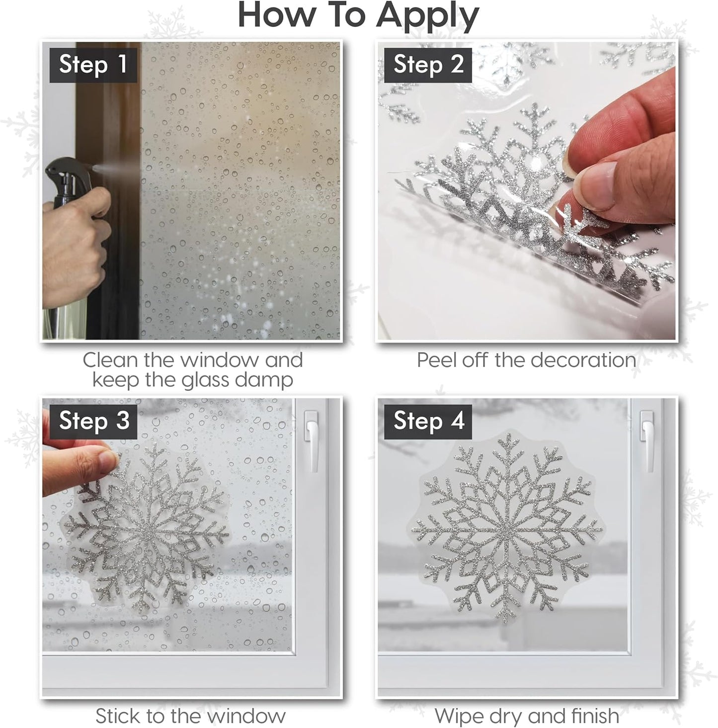 Christmas Snowflake Window Stickers over 300Pcs Silver Glitter Design - Removable and Reusable Christmas Window Clings Decoration - Ideal for Xmas Display and Decor
