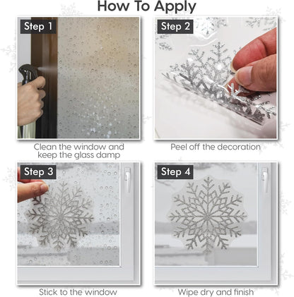 Christmas Snowflake Window Stickers over 300Pcs Silver Glitter Design - Removable and Reusable Christmas Window Clings Decoration - Ideal for Xmas Display and Decor