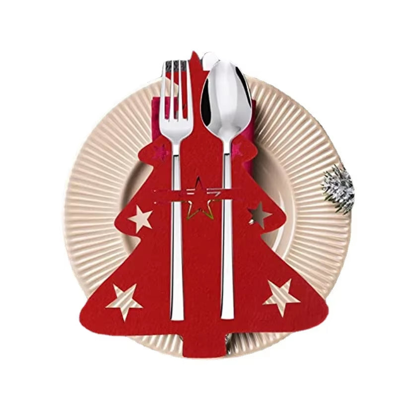 Non-Woven Fabric Cookware Pocket Cutlery Bag Organizer Table Decor Christmas Knife and Fork Holder Elk Xmas Tree