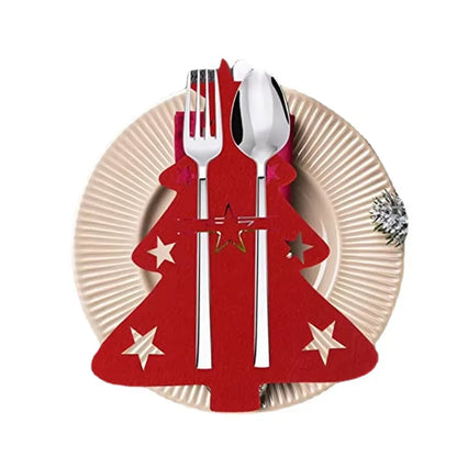 Non-Woven Fabric Cookware Pocket Cutlery Bag Organizer Table Decor Christmas Knife and Fork Holder Elk Xmas Tree