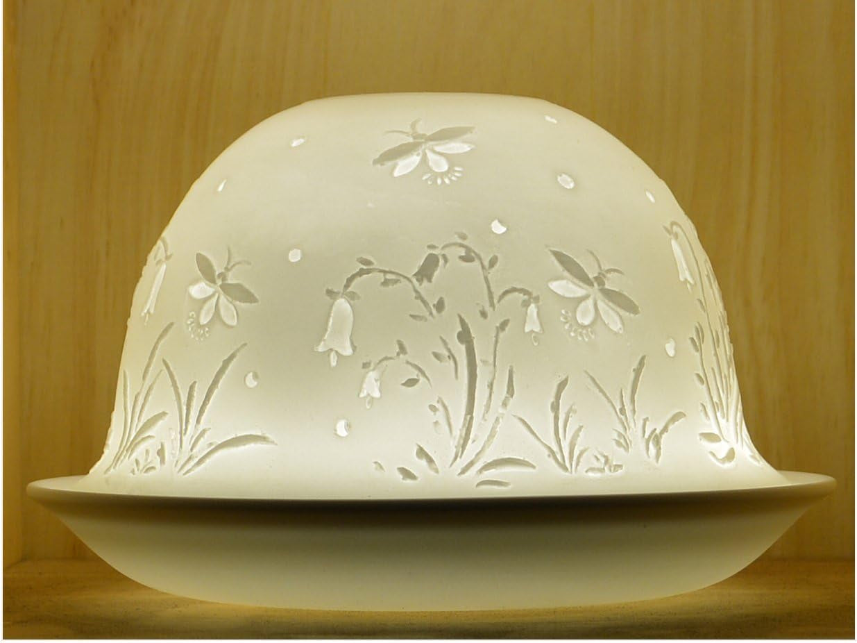 Stencil Flower White Porcelain Tealight Holder Dome | Candle Holder Projecting a 3D Image Use with Scented Candle, LED Light | Room Decor Lights | Shade & Plate Set with Gift Box