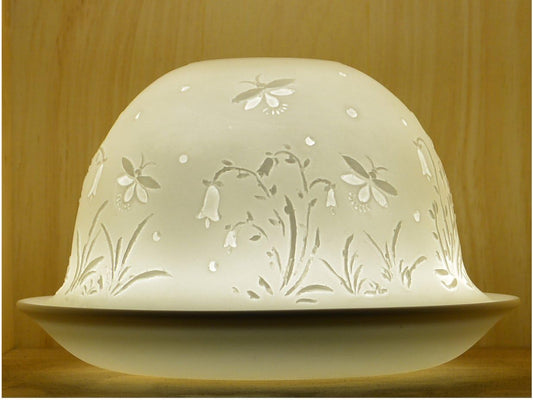 Stencil Flower White Porcelain Tealight Holder Dome | Candle Holder Projecting a 3D Image Use with Scented Candle, LED Light | Room Decor Lights | Shade & Plate Set with Gift Box