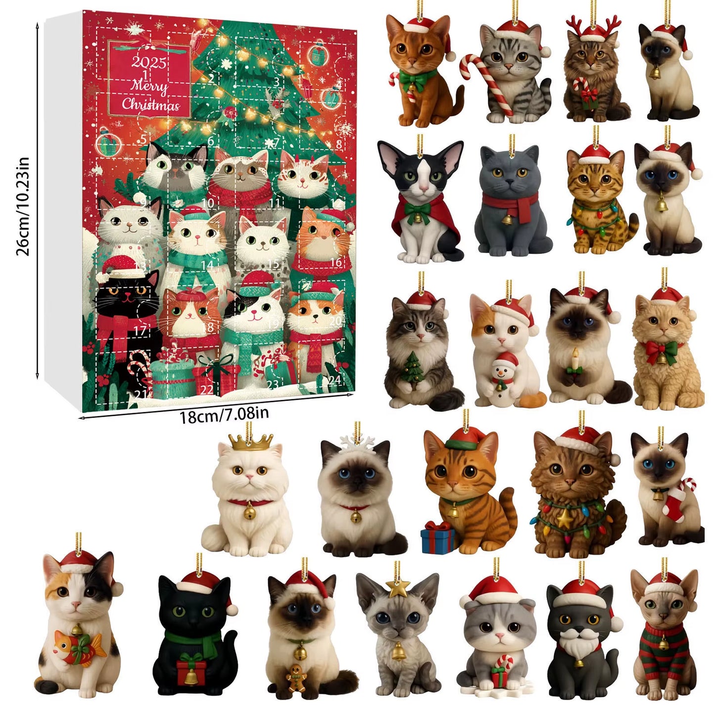 Cat Advent Calendar 2025 24 Days Christmas Countdown with 24 Different Breeds 2D Acrylic Cute Kitten Christmas Tree Ornaments