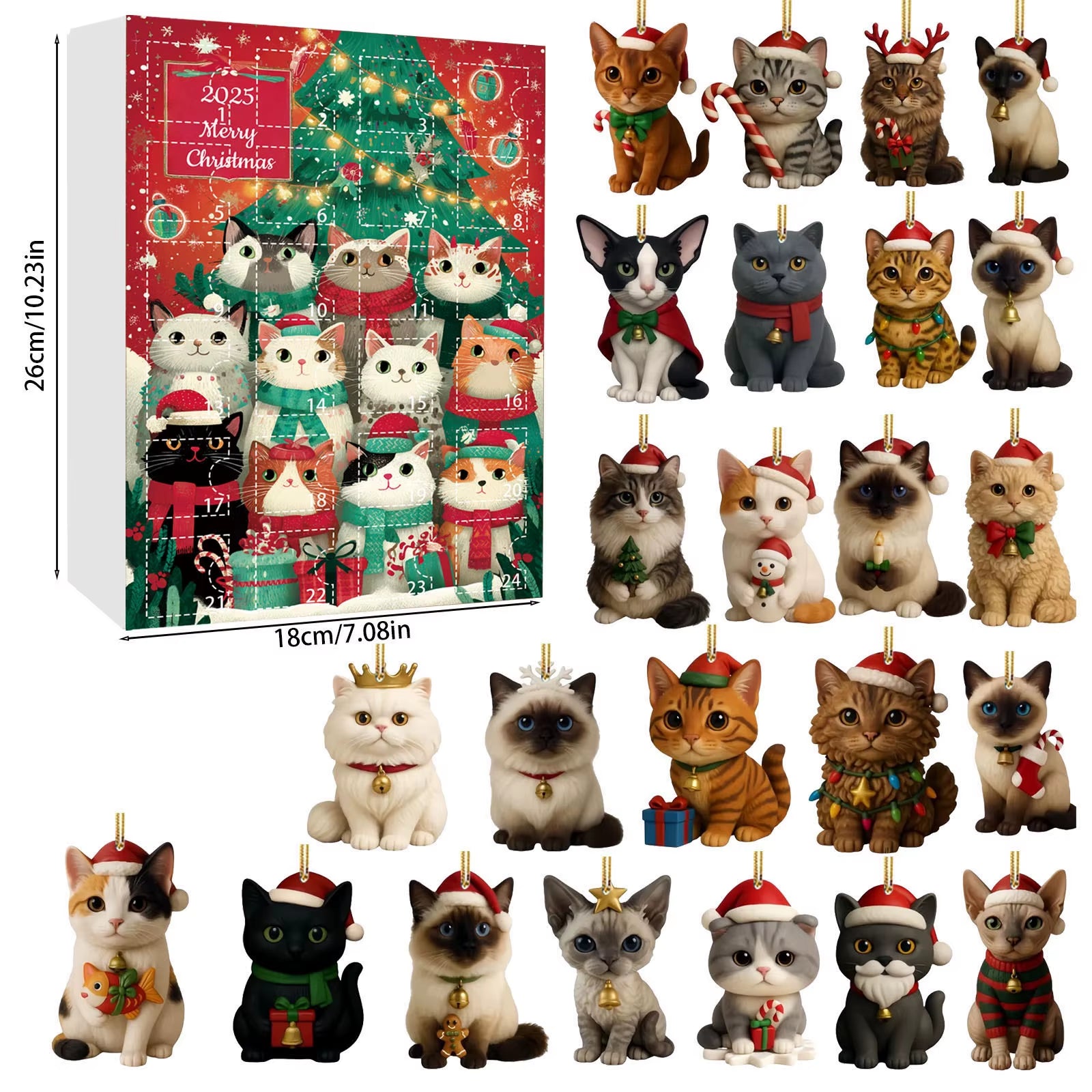 Cat Advent Calendar 2025 24 Days Christmas Countdown with 24 Different Breeds 2D Acrylic Cute Kitten Christmas Tree Ornaments