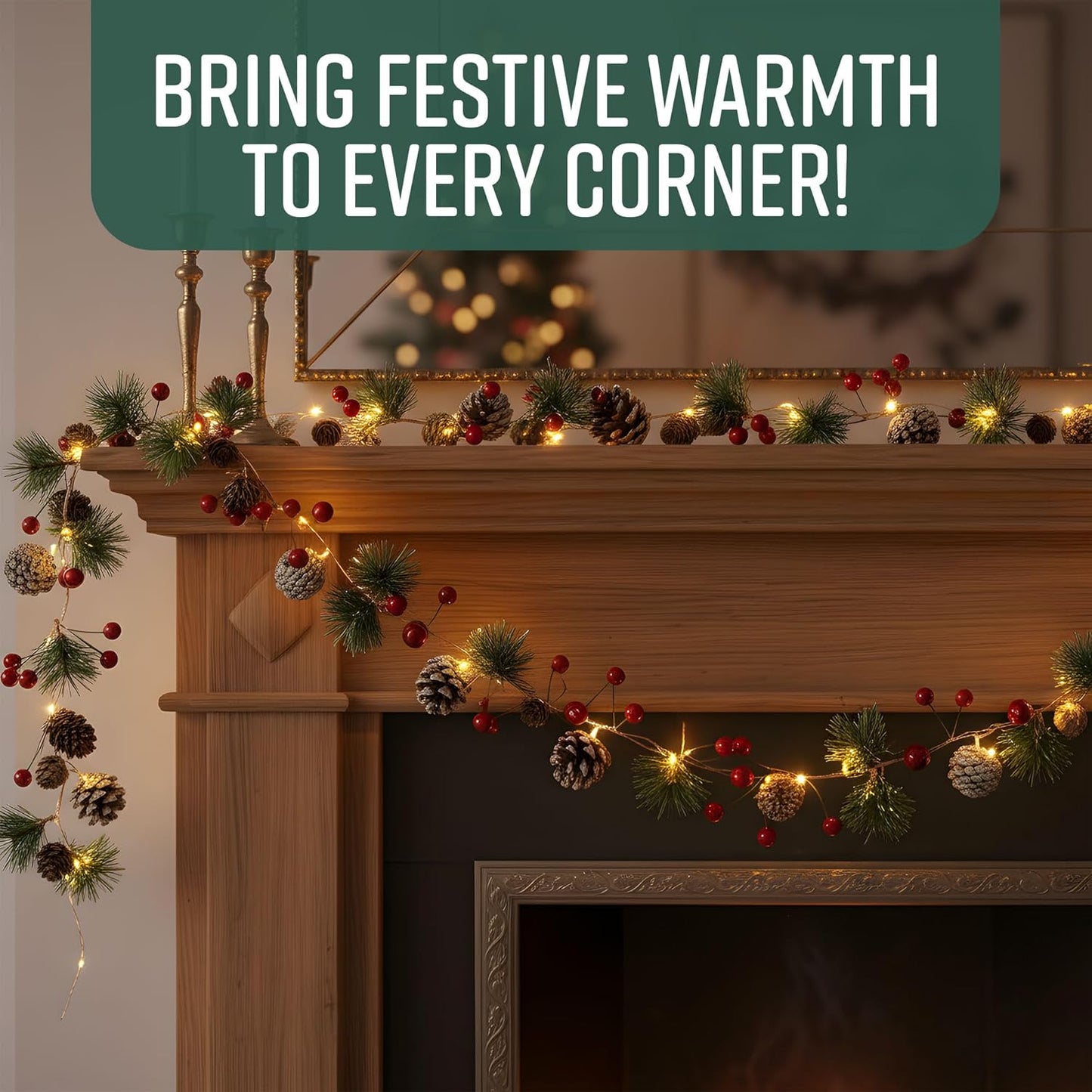 2M Christmas Garland with 20 LED Lights – Pre-Lit Decoration for Fireplace, Stairs, and Indoor Home Décor – Xmas Garland for Christmas Decorations