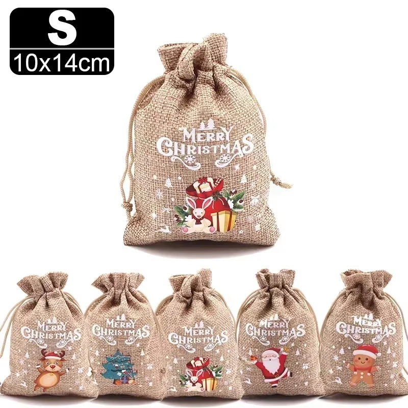 30/1Pcs Christmas Drawstring Bag Santa Claus Snowman Linen Candy Gift Packaging Bags Xmas Favor Bracelet Jewelry Storage Pouch
