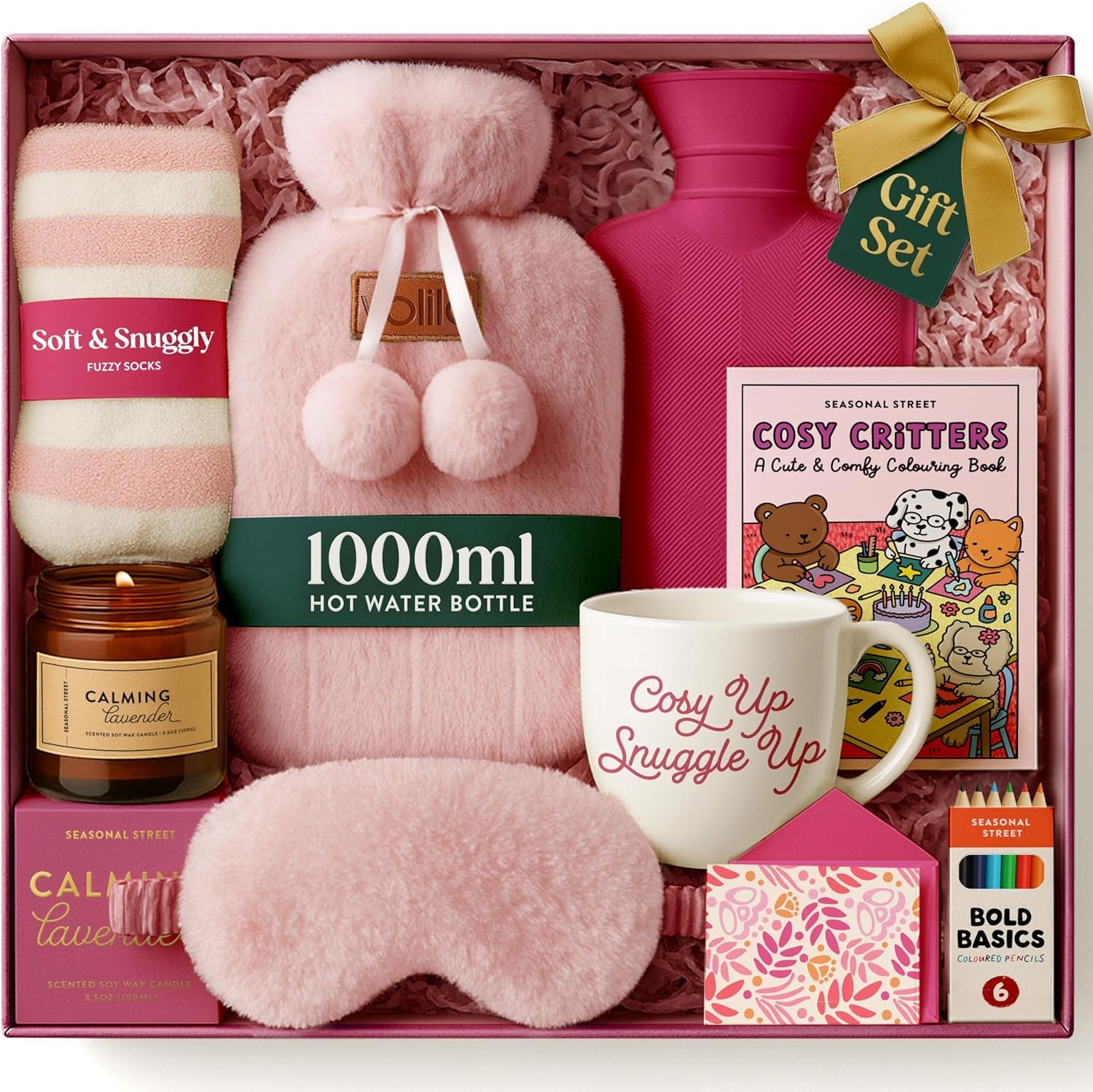 Hot Water Bottle Gift Set - Christmas Presents for Women, Includes Pink 1L Hot Water Bottle with Socks, Mug, Candle, Eye Mask, and Colouring Book with Pencil - Gifts for Women