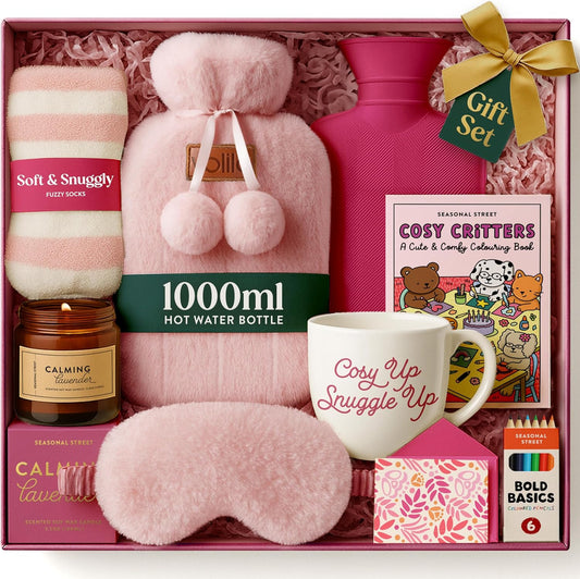 Hot Water Bottle Gift Set - Christmas Presents for Women, Includes Pink 1L Hot Water Bottle with Socks, Mug, Candle, Eye Mask, and Colouring Book with Pencil - Gifts for Women