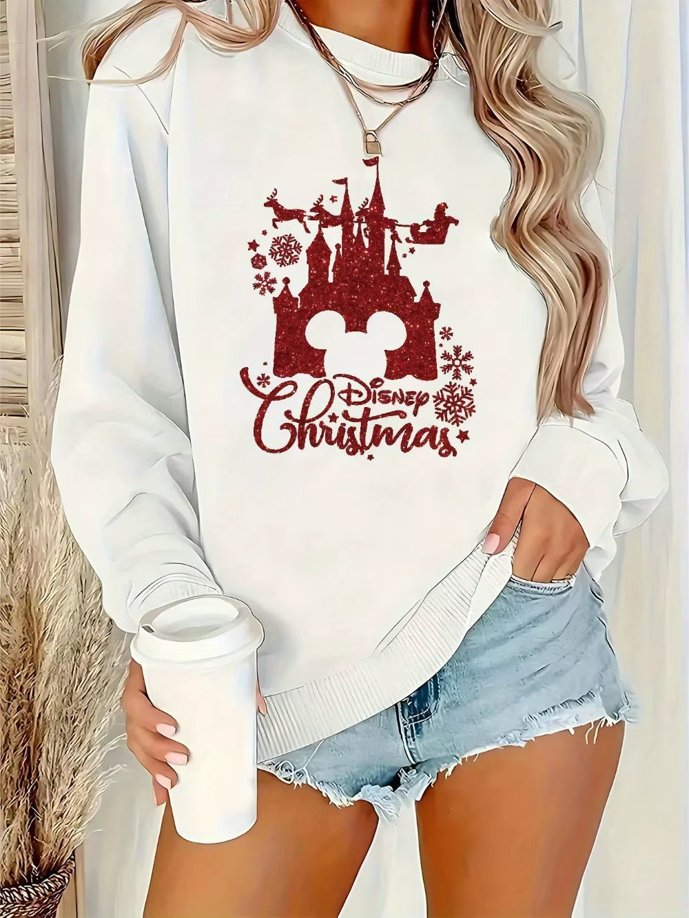 Women'S Disney Christmas Sweatshirt Cozy Crewneck Pullover with Mickey Castle Snowflakes Long Sleeve Winter Sweater for Women