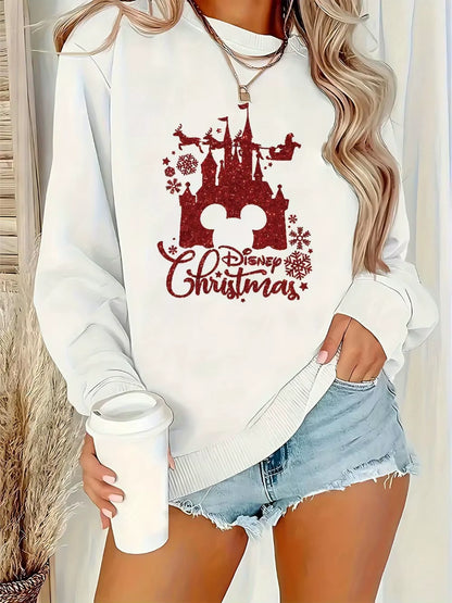 Women'S Disney Christmas Sweatshirt Cozy Crewneck Pullover with Mickey Castle Snowflakes Long Sleeve Winter Sweater for Women