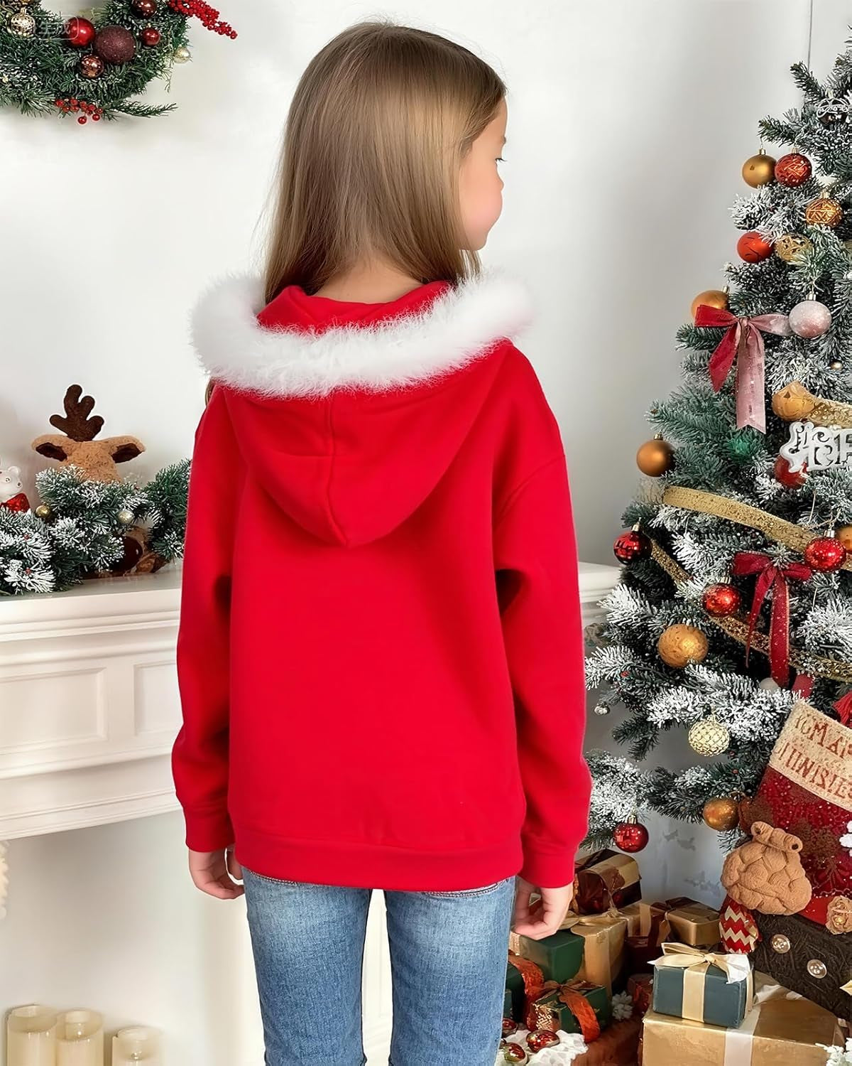 Kids Christmas Hoodie for Girls Red Hooded Sweatshirt Xmas Pullover Long Sleeve Solid Top Teen Clothes