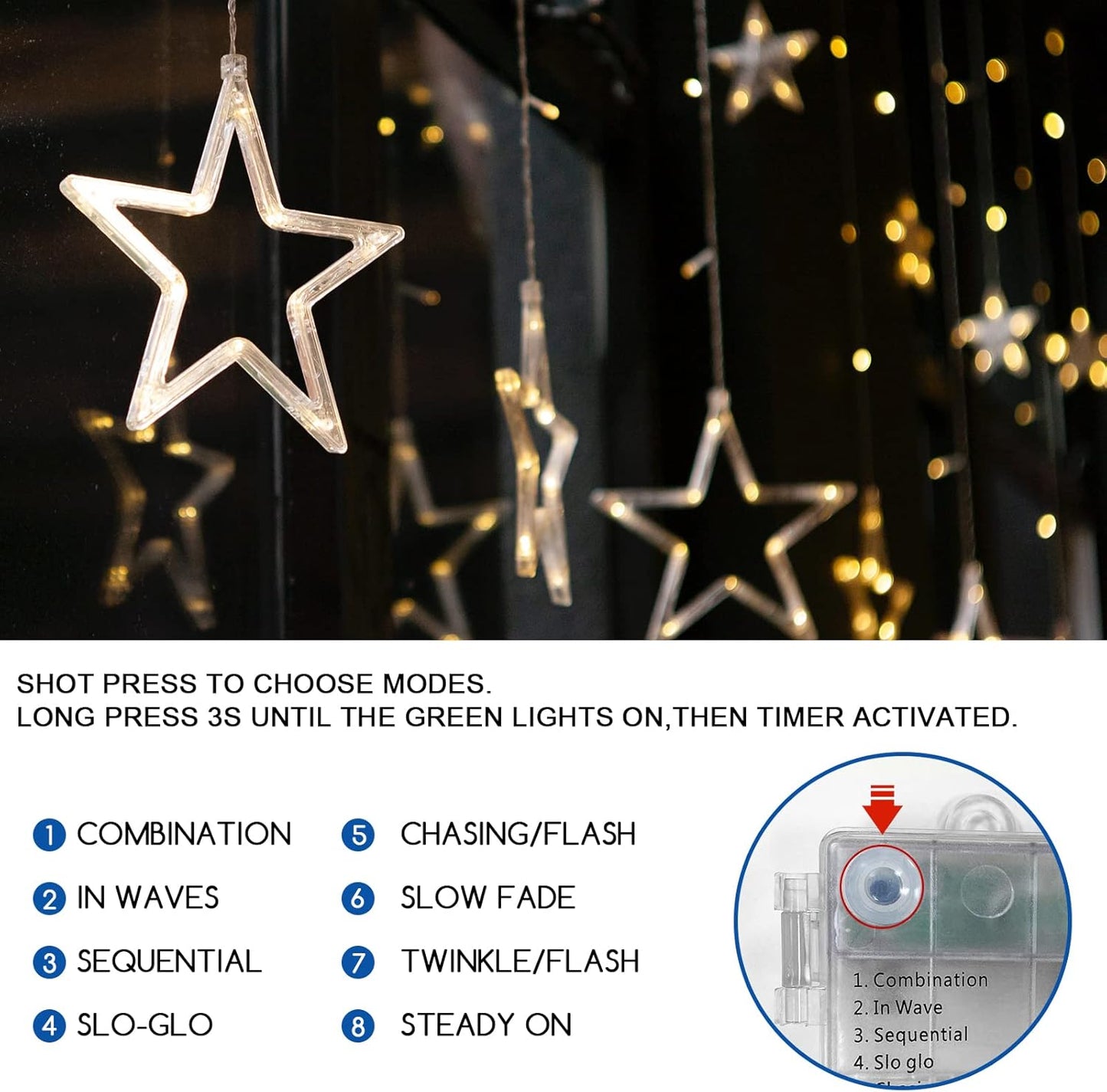 Christmas LED Stars Curtain Lights,12 Stars 138 Window Curtain String Lights with 8 Flashing Modes Decoration for Wedding, Party,Wall, Home Decorations,Usb/Battery Powered (Warm White)