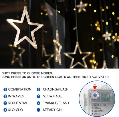 Christmas LED Stars Curtain Lights,12 Stars 138 Window Curtain String Lights with 8 Flashing Modes Decoration for Wedding, Party,Wall, Home Decorations,Usb/Battery Powered (Warm White)