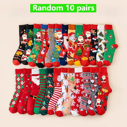 5/10Pairs Women'S Christmas Socks - Festive Santa, Reindeer, Snowman, Candy Canes - Warm Mid-Calf Holiday Stockings - Red, Green
