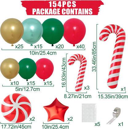 Christmas Balloons Garland Arch Kit, 154Pcs Christmas Garland with Red Green Gold Candy Cane Balloons Red Star Balloon Foil Balloon Arch for Xmas Party Decoration Supplies,Xmas Decorations for Indoors
