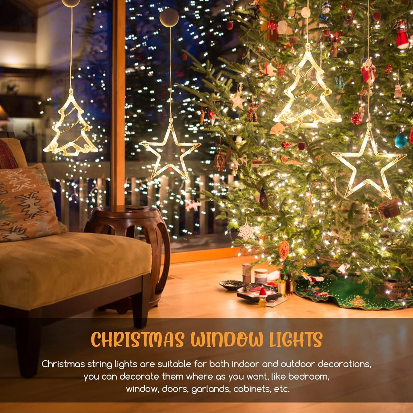 LED Christmas Window Light Stars and Christmas Tree, Twinkle Curtain Light Timer, Hanging Lights for Party Shop Window Xmas Decoration, Outdoor Indoor, Battery Powered(Warm Light)