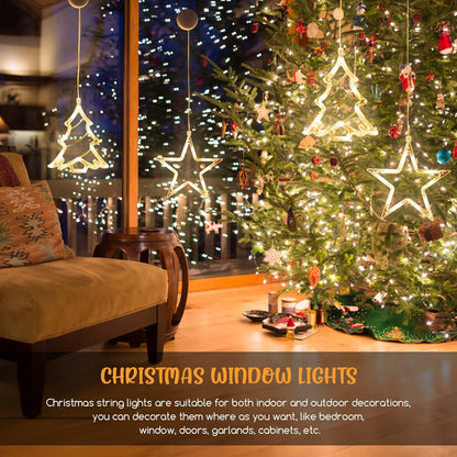LED Christmas Window Light Stars and Christmas Tree, Twinkle Curtain Light Timer, Hanging Lights for Party Shop Window Xmas Decoration, Outdoor Indoor, Battery Powered(Warm Light)