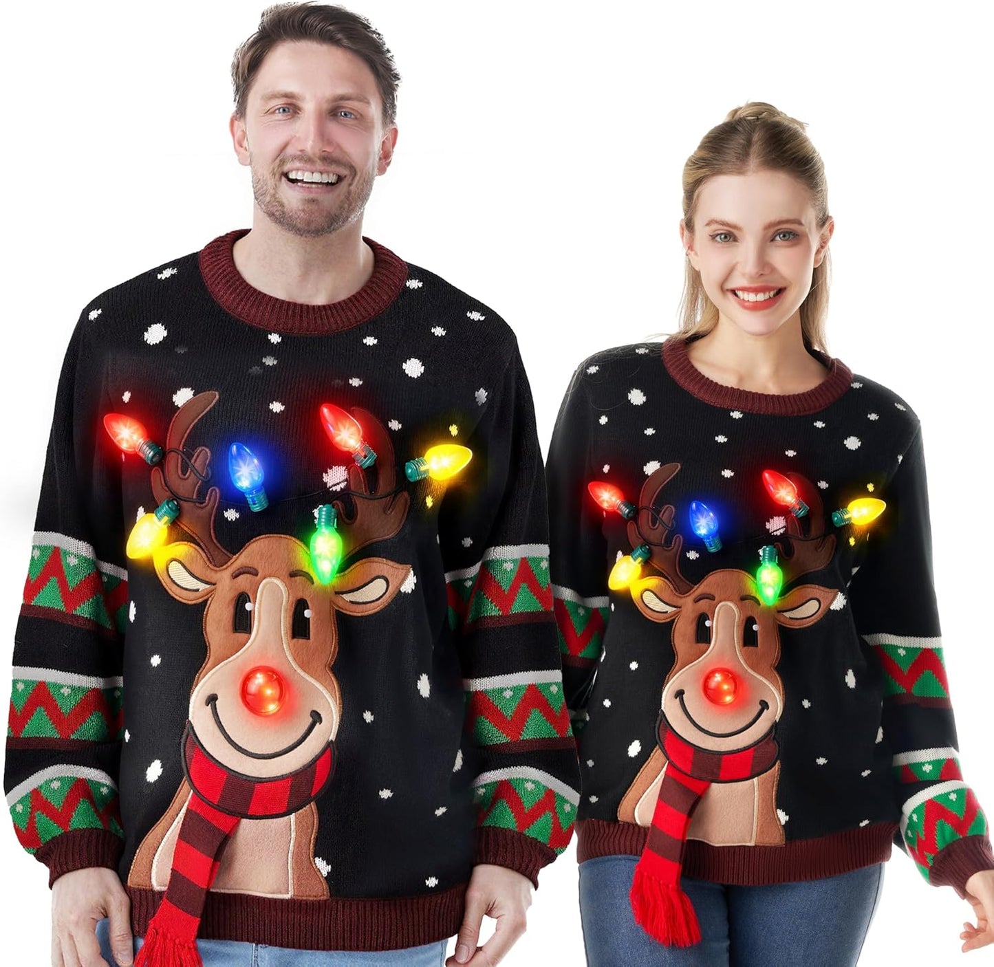 LED Light up Reindeer Ugly Womens Christmas Jumper Built-In Light Bulbs Red Black Blue Xmas Long Sweater Top (S-XL)