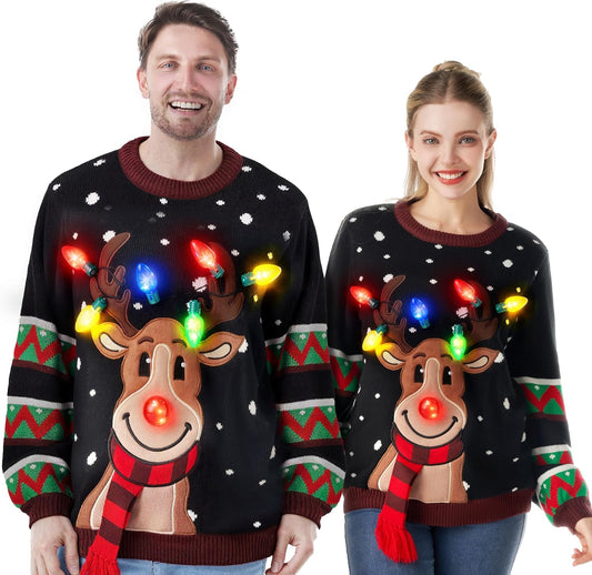 LED Light up Reindeer Ugly Womens Christmas Jumper Built-In Light Bulbs Red Black Blue Xmas Long Sweater Top (S-XL)
