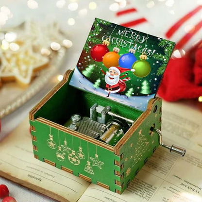 HOT Merry Christmas Music Box Wooden Antique Carved Hand Cranked Classic Theme Music for Birthday Party Gifts Family Decoration