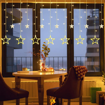 Christmas LED Stars Curtain Lights,12 Stars 138 Window Curtain String Lights with 8 Flashing Modes Decoration for Wedding, Party,Wall, Home Decorations,Usb/Battery Powered (Warm White)