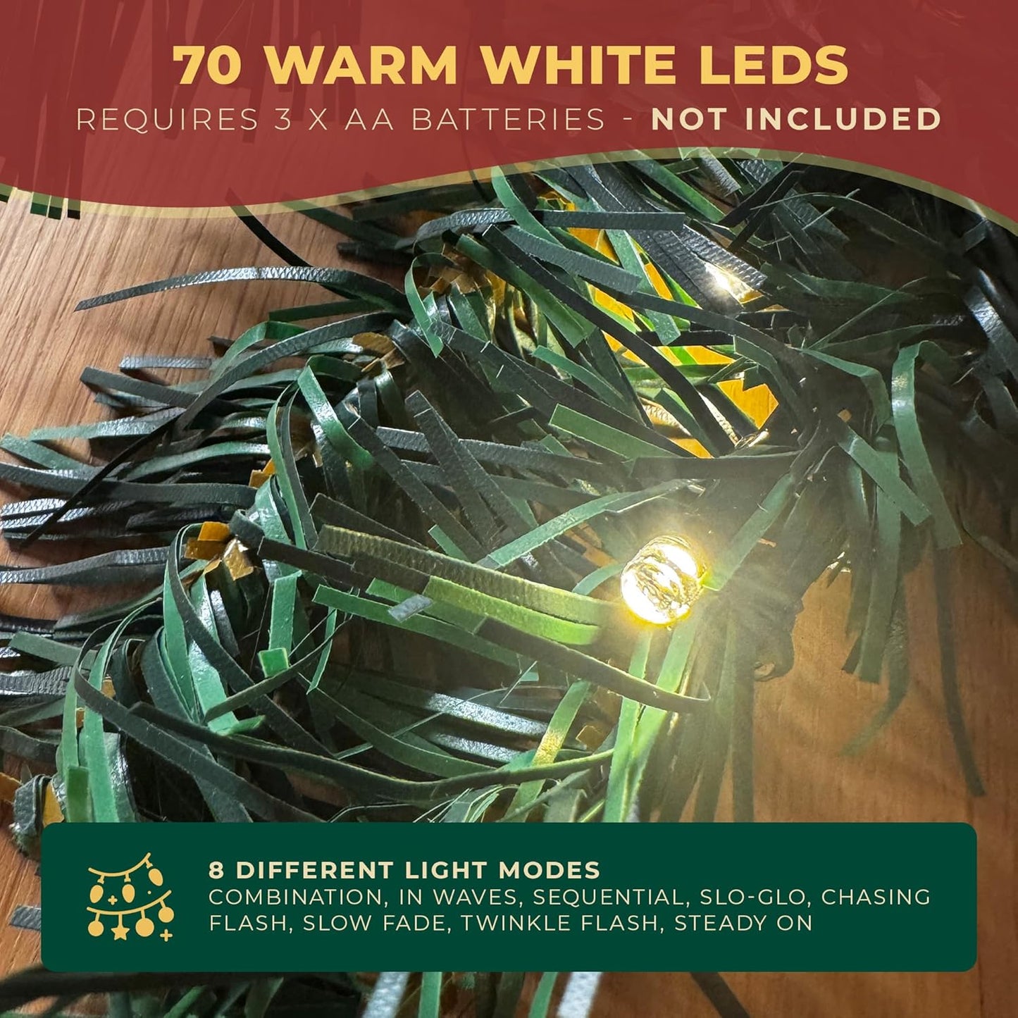 Christmas Garland with Lights 2.7M / 9FT – Pre-Lit Christmas Decoration with 70 Warm White Leds – Extra Thick Artificial Green Garland for Fireplace, Stairs, Doors & Table Décor (With Lights, 2.7M)