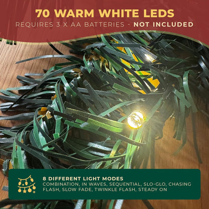 Christmas Garland with Lights 2.7M / 9FT – Pre-Lit Christmas Decoration with 70 Warm White Leds – Extra Thick Artificial Green Garland for Fireplace, Stairs, Doors & Table Décor (With Lights, 2.7M)