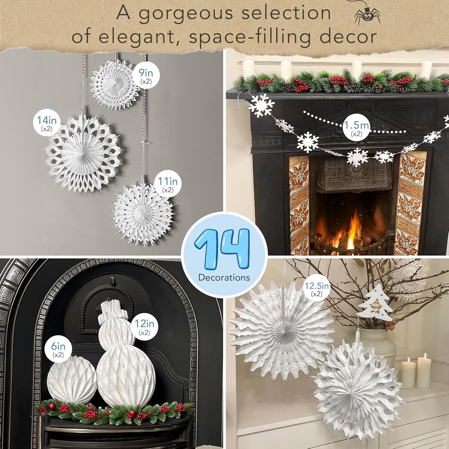 Premium Reusable Paper Christmas Decorations - White Christmas Decorations with Velcro Fasteners - Honeycomb Paper Snowflakes, Snowmen, Snowballs, and Snowflake Garlands - Winter Wonderland Decor